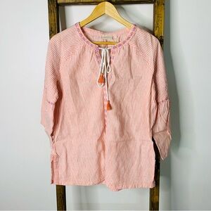 Spartina 449 Linen Striped Pink Blouse with Embroidered Details